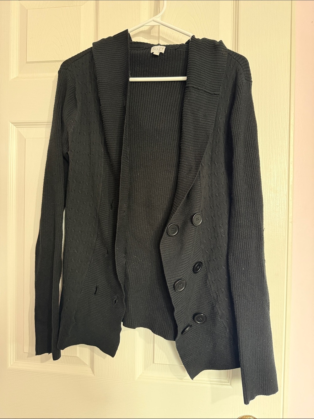 Suzy Shier Black Shawl-Collar Button Cardigan